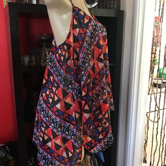 Flowing Colorful Sheer Tribal Print Top Size L - Picture 5 of 5